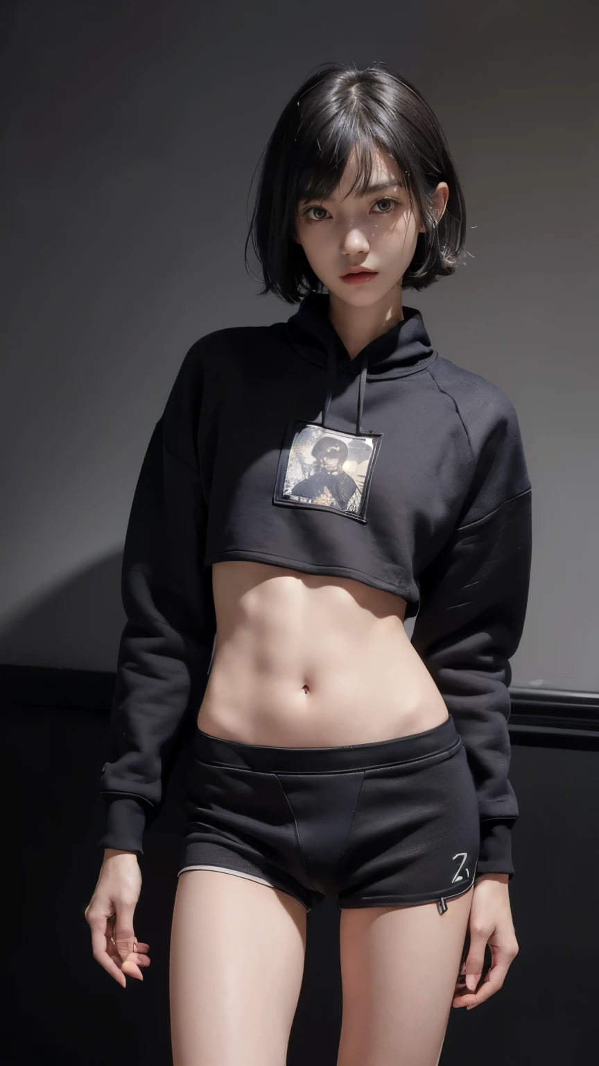 (Clothing:2.0, Sweatshirts:1.8, boxer shorts:2.0), ((Short Hair:1.2, slender:1.5, Small Ass:1.5)), ((Japanese, 1 Girl, 18-year-old, 7 heads, Ideal body proportions, Black Hair, With bangs, Small breasts, Erect nipples, slender, Small Ass, Beautiful feet, Skinny Legs)), Surrealism, Cinematic Lighting, Depth of written boundary, First Person View,  F/1.8, 135mm, Ticker, Mastepiece, Curate, ((Anatomically correct:1.3)), Textured skin, Super Detail, High detail, High quality, Awards, Best Quality, High resolution, 8K