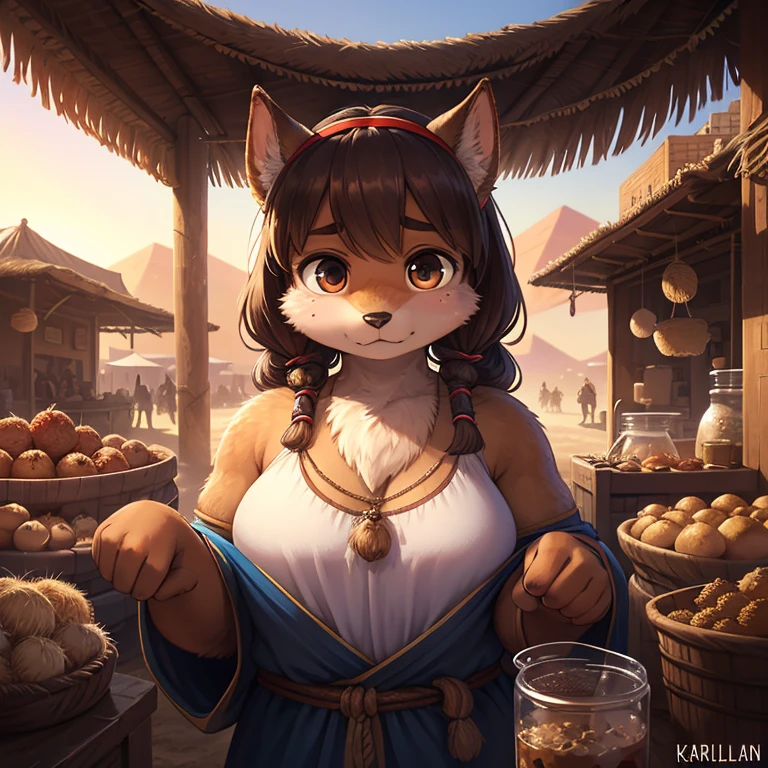 (Extreme Perspective:0.75) , rule of thirds , Bokeh , Karliman of the Desert , realistic hairy fur , round face , round eyes , Swollen cheeks , hair ties , accidents , Happenings , sensational , Desert Town Market , A stranger who just took a quick look , A scene from a movie