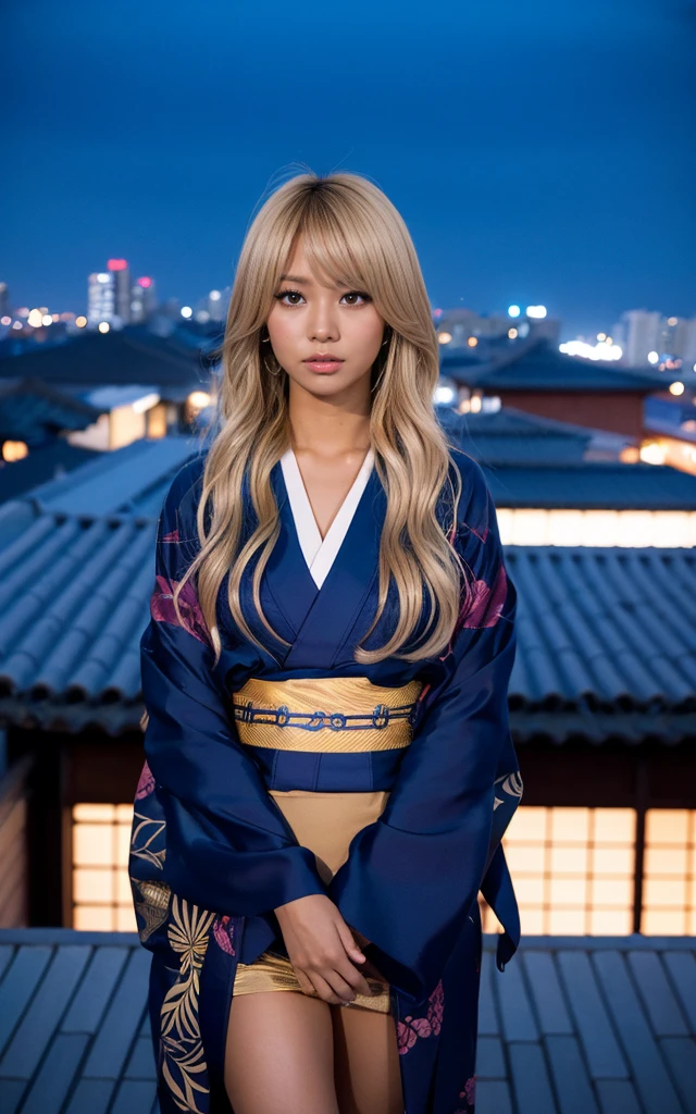 gyaru, dark-skinned, shiny oiled skin, blond hair, wearing japanese kimono, standing on top of building , dark-night, deep fog, blue light, moonlight