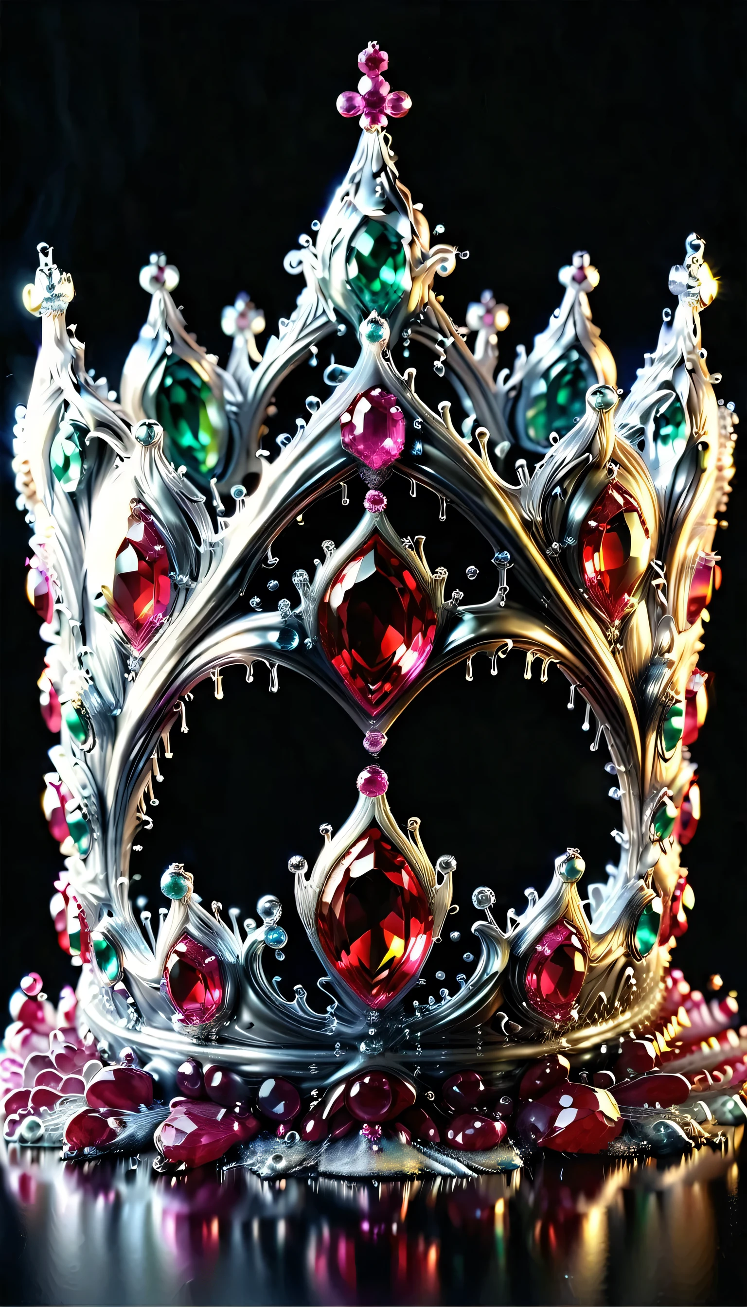 (liquid metal art: 1.5) LIQUID METAL a picture of jeweled crown ( (masterpiece, best detailed, best quality: 1.4), the crown is made from (gold: 1.2), (silver: 1.3), there are golden swirls, ( (masterpiece, best detailed, best quality: 1.2), there are silver swirls ( (masterpiece, best detailed, best quality: 1.2),  it is encrusted and decorated with (rubies: 1.3), emeralds: 1.3) and (opals: 1.3), dynamic background, close range picture,  ultra wide shot, photorealism, depth of field, hyper realistic, ral-ntrgmstn, watce, metallic