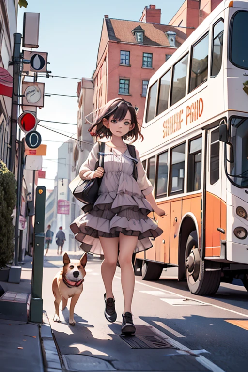 multiple exposure girl in a dress walks through the city, bird, dog, bus high detail, drawing contours, multi-layered colored pencil drawing , oil , wide viewing angle