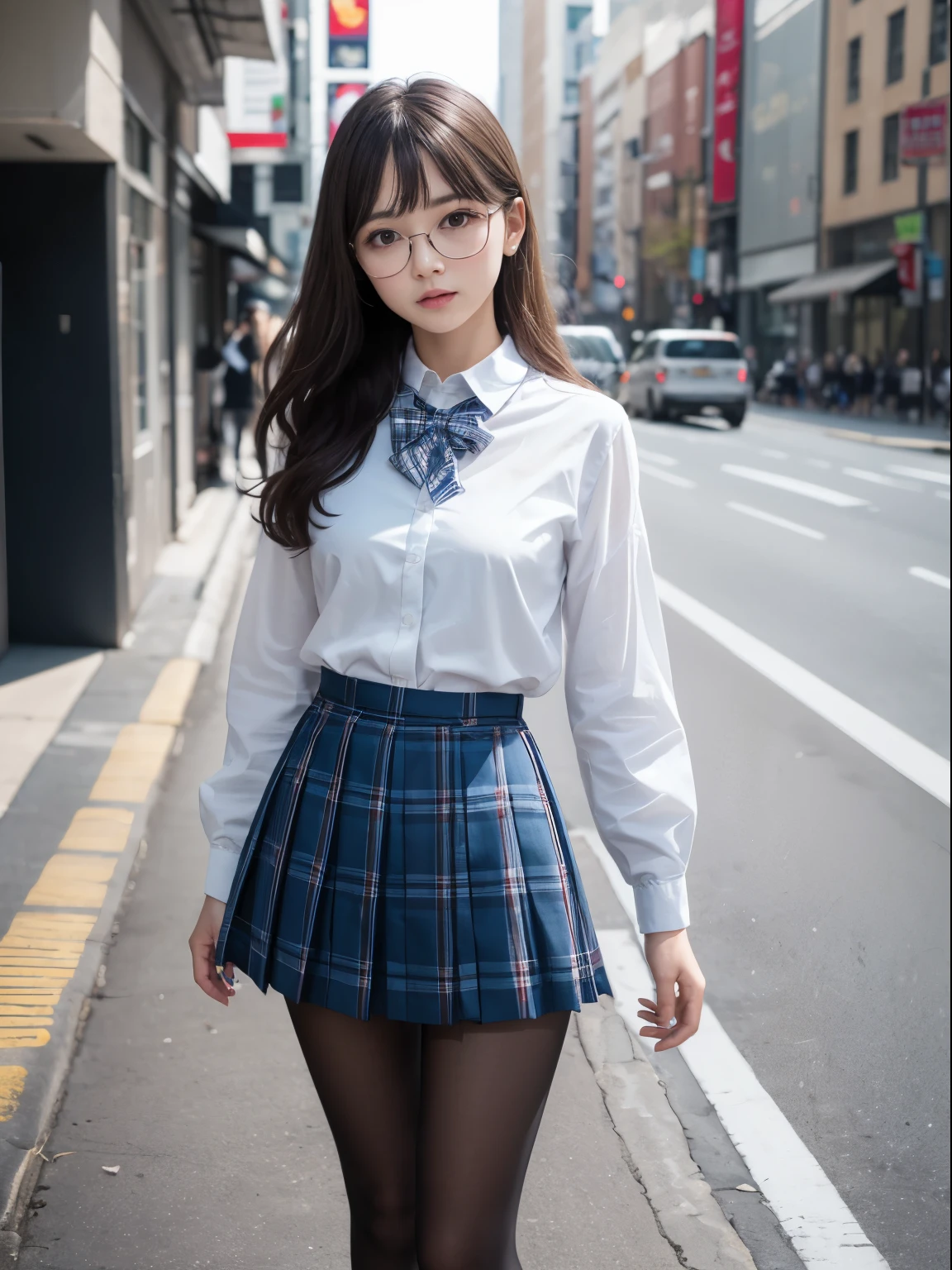 （8K、Raw photography、top-quality、​masterpiece：1.2),Bullish,Muchimuchi,Erotic,Pupils,Light Blue Bra,de pele branca,kne,(Black pantyhose),absurderes,a small face,,flat breast,Parting the bangs from the middle、Forehead visible,(a cold expression,Tight eyes,glares,Bullish,skinny,Rasping,irate)、​masterpiece,top-quality、超A high resolution,Raw photo,ren,Beautiful fece,One Person, solo,eye glass,,Dark look,Small breasts,fullllbody,Round glasses、cute little、JK ,hi-school girl,A Japanese Lady,is standing,（Photorealsitic：1.37）、Photon mapping,Realistic、Cute little face,Brown-eyed、Black socks、(Red bow tie)、Radio City、Physically Based Rendering、Foreground、depth of fields、Blurry background、a picture,The girls、Body,beauty legs, Long legs, Thin leg,(shorttwintail),(Bangs are visible), hair, s lips, Blue_The eye, nosesoft,(Light blue shirt), (Navy and blue and white plaid pleated skirt), Knees are visible,Sheer clothing,, Thigh, Black cotton socks,Nogizaka Idol, , Japanese ido