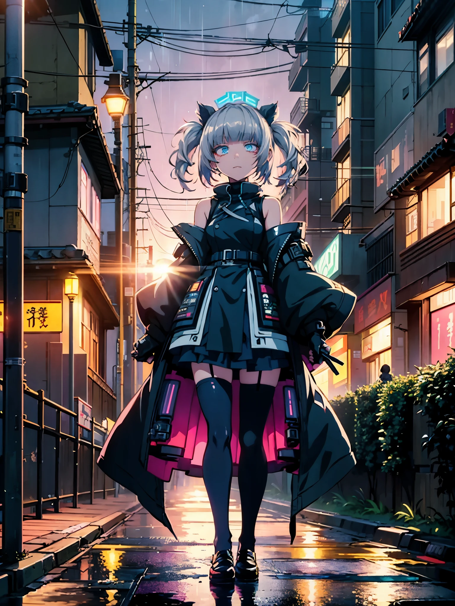 night, colorful cyberpunk city background, rain, street, maid girl, Nazuna Nanakusa,yofukashi no uta, blue eyes, white hair shining eyes, black stockings, backlit, glow, looking up audience, low angle lens, looking up lens, perfect composition, perfect light and shadow delicacy, 8k