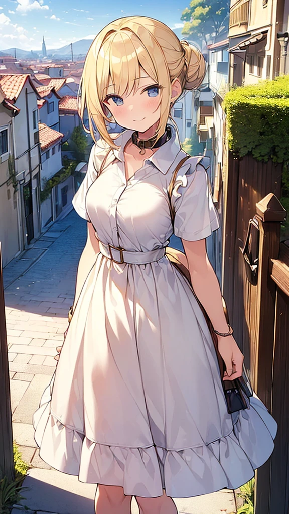 (Masterpiece, Top quality: 1.5), 1 beautiful girl, blond, walking, (Short sleeve dress with collar :1.3) , blond hair, medium hair, tying a bun back,(15 year old:1.2), medium breasts, standard weight, one knapsack, (smile:1.2), blush :1.2, Beautiful scene of a quiet residential area,Mediterranean cityscape, magnificent panorama view, dynamic pose