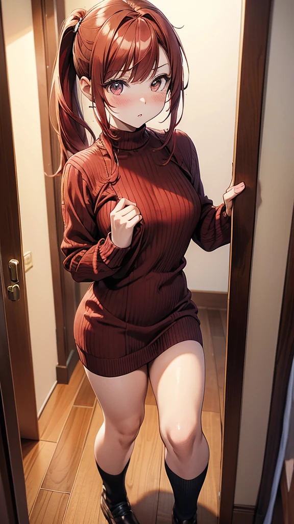 ore no imouto ga konna ni kawaii wake ga nai, 25-yers-old girl with crimson red hair- pulled up into twin ponytails, wearing a brown sweater dress, virgin killer, hallway background, full body portrait, hands covering dress