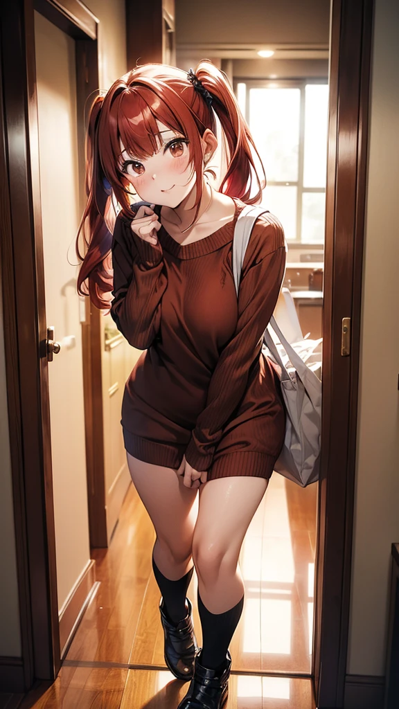 ore no imouto ga konna ni kawaii wake ga nai, 25-yers-old girl with crimson red hair- pulled up into twin ponytails, wearing a brown sweater dress, virgin killer, hallway background, full body portrait, hands covering dress
