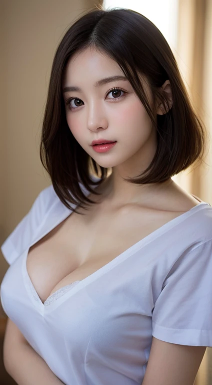 Photorealistic、Masseter muscle area、highest quality、High resolution、RAW Photos、Realistic、Bright lighting、Face Light、Smooth Professional Lighting、Japanese women、Beautiful woman、Modeled、gravure、Sexy、so beautiful、Realistic and beautiful skin、Beautiful and detailed、Detailed face、slim、Too big breasts、short hair、Brunette color hair、Brown eyes、Looking at the camera、Sexy nurse uniform、valley、Large Breasts、Big Breasts、Overflowing Breasts、holding panties