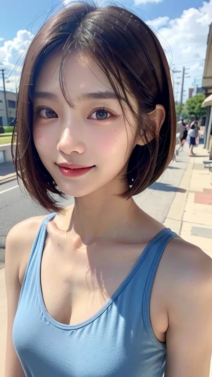 (((Close-up of face)))、(((Absolutely shoulder-length brown straight short bob)))、(((She is posing like a hair salon model with a park with a blue sky in the background.)))、(((She is wearing casual clothes suitable for early summer.。The shoulders are hidden)))、(Natural laughter:1.15)、Half Japanese, half Korean、18 year old girl、Standing Alone、Looking forward、Light eye makeup、Brown Hair Color、Flat and 、Hair blowing in the wind、Actress Quality、Glossy, ultra-realistic face、Smiling face、Watery eyes、Gazing Up、Subtle lighting effects、 Ultra-Realistic Capture、Very detailed、High resolution 16K close up of human skin。Skin texture must be natural、The details must be such that pores can be clearly seen、The skin is healthy、Uniform tone、Use natural light and colors、A worn-out, high-quality photo taken by a model agency's in-house photographer.、smile、(((SIGMA 300 mm F/1.4,1/1000 sec shutter,ISO 400)))、The background is F-stop 1..4 is blurred