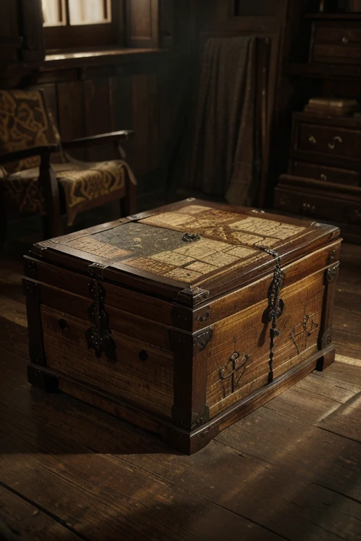 detailed old tattered map, intricate cartography, ornate wooden chest, dusty antique interior, mysterious village, moody lighting, warm color tones, photorealistic, (best quality,4k,8k,highres,masterpiece:1.2),ultra-detailed,(realistic,photorealistic,photo-realistic:1.37)