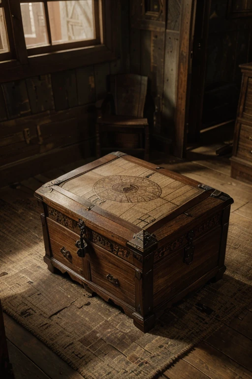 detailed old tattered map, intricate cartography, ornate wooden chest, dusty antique interior, mysterious village, moody lighting, warm color tones, photorealistic, (best quality,4k,8k,highres,masterpiece:1.2),ultra-detailed,(realistic,photorealistic,photo-realistic:1.37)