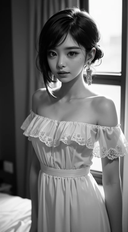 Beautiful girl, high-precision illustrations, monochrome tone effects, chic and sophisticated impression, focus blur envelops her softly, overhead shot composition, pixel-perfect drawing, edge detection, clear expression of details, high-key contrast, tint effect, monochrome world, unique charm, off-shoulder, bust shot, Backlight, Cinematic Light, Retro, Plain Dress, Earrings, Silver Accessories, Short Bob, Long Eyelashes