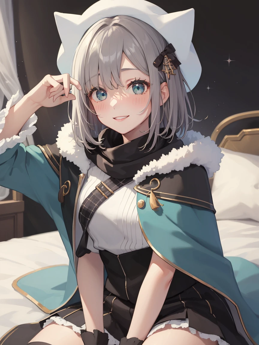 (masterpiece、Highest quality:1.2), Cowboy Shot, solo, One Girl, Sumire Kaga, Virtual YouTuber, Laughter, Mouth closed, Look at the viewers, short hair, hair ornaments, White Hat, shirt, Capelet, scarf、((White panties))、(((((Anime Style)))))、(((cute)))、((bed))、(((Lie)))、(((sweating)))、(((From below)))、(((Lie)))、(((Spread your legs)))、(((solo)))、(((Glowing Skin)))