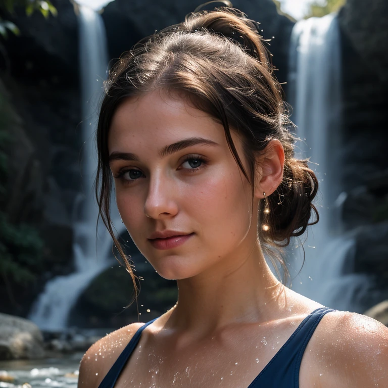Night scene, close-up photo of lovely girl in minimal sheer bikini, small breasts, bathing near the waterfall, body soaked in water, lean cheeks, wet hair, chin up, seductive face, no bra, stones, pure water, cleavage show, water on the body, realistic pores on the body, look up at the sky and smile, black ponytail hair, (blue eyes: 0.8), beautiful adult face, 20 yo, soft volumetric lights, (backlit: 1.3), (cinematic: 1.3), intricate details, (ArtStation: 1.2)
