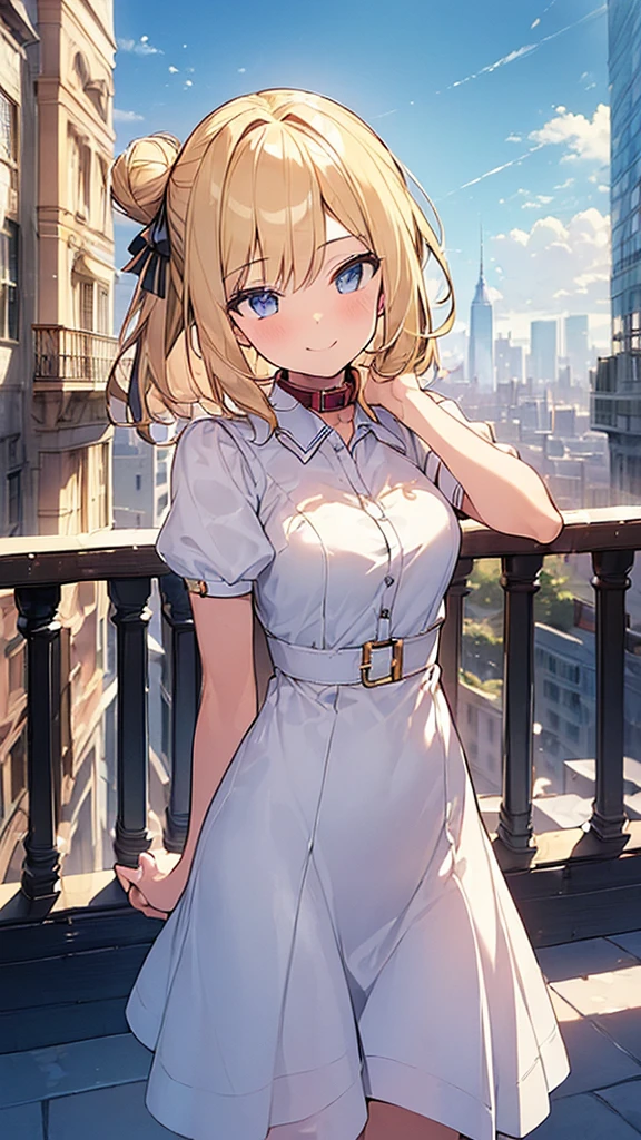 (Masterpiece, Top quality: 1.5), 1 beautiful girl, blond, walking, (Short sleeve dress with collar :1.3) , blond hair, medium hair, tying a bun back,(15 year old:1.2), medium breasts, standard weight, one knapsack, (smile:1.2), blush :1.2, beautiful scene , Mediterranean cityscape, magnificent panorama view, dynamic pose