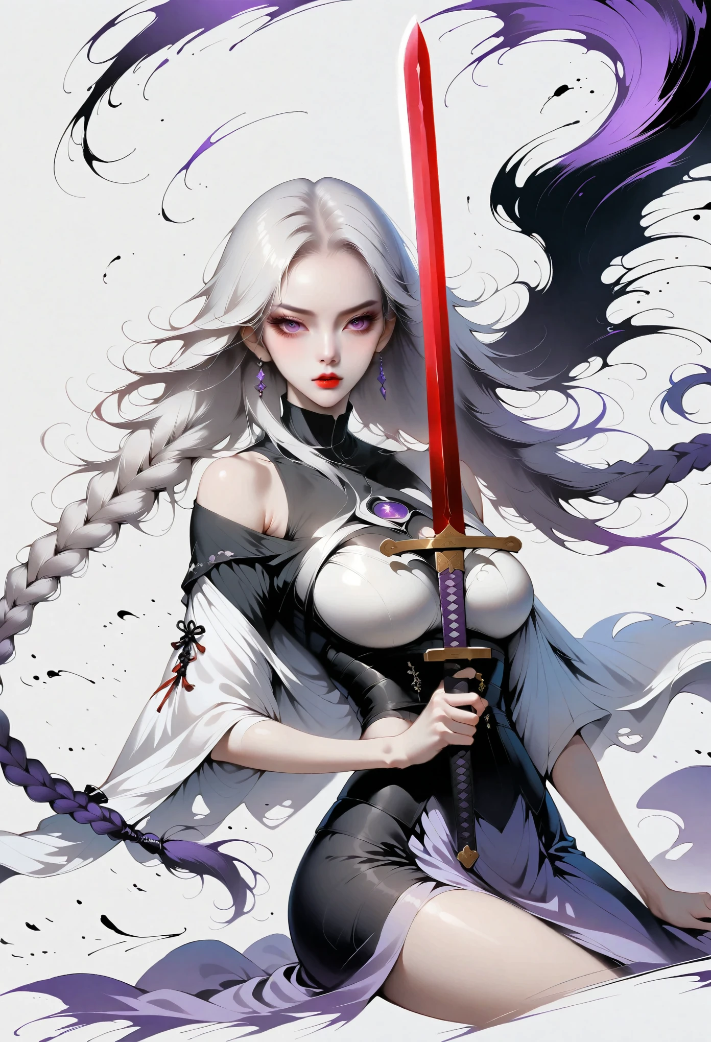 bust,Girl with a sword,Simple lines minimalism,Abstract Art,(((Holding a red long sword,White long hair,Purple double long braids,High Neck Off Shoulder Cropped Short Sleeve Top,Skirt slit,Holding a long sword))).Mysterious man in cloak:1.37,Ink Painting,Ink stains,