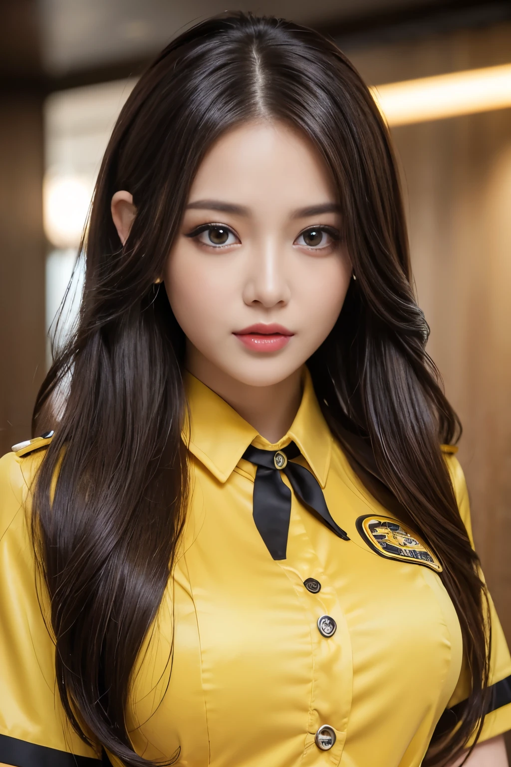 ( highest quality，4K，masterpiece：1.2），Beautiful woman，1 girl，sexy：1.1，Dark yellow hair：1.1，Woman wearing ，Soaked uniform，Highly detailed face，Lip details，Fine Eyes，double eyelid，mini skirt ，