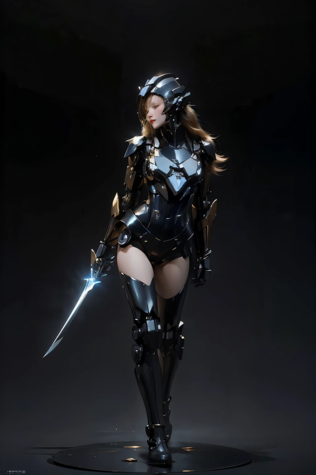 Full body image, full body, standing posture, a woman, blue and white, conceptual art, mechanical, reflective, cyberpunk, mecha, white skin, delicate face, tight fitting clothing, (golden long hair), chip, shining, sword