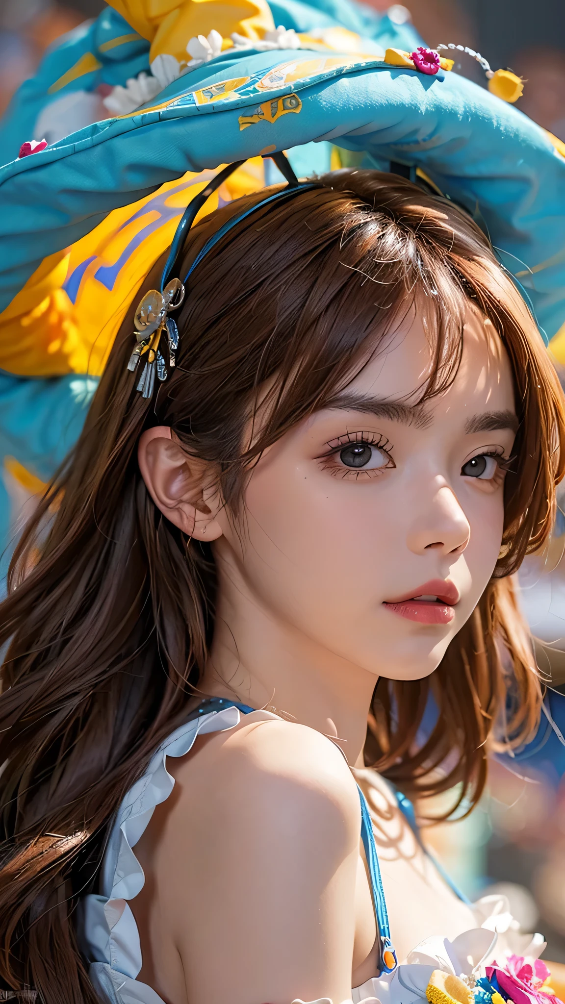 (masterpiece:1.4), (highest quality:1.4), Very detailed, Complex, Super detailed, (Perfect Face), figure,Soft lighting, Scenic, One girl, Happy, Bright auburn hair, colorful, Colorized, from_Under ,fish_Costumes , Stadium