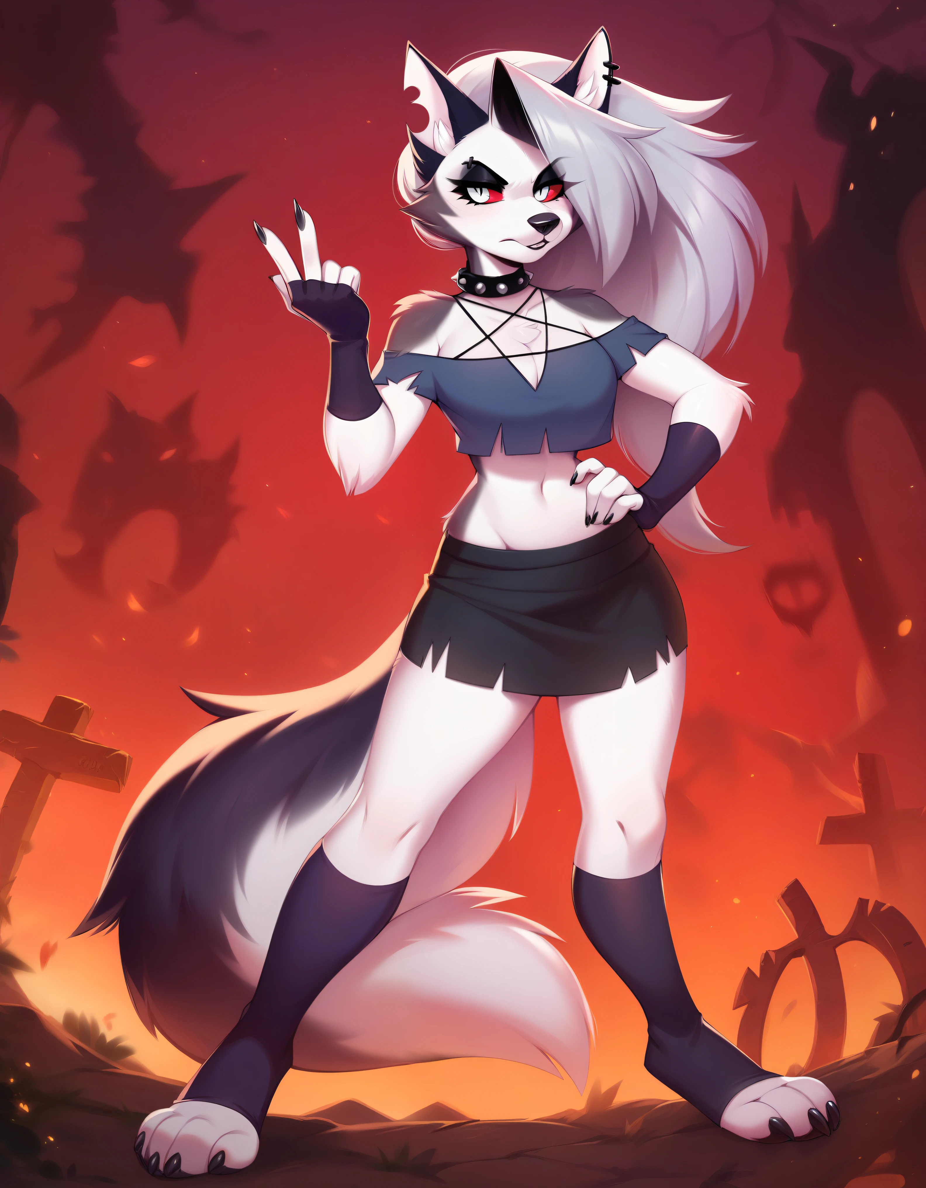 score_9, score_8_up, score_7_up, score_6_up, safe content, by vivzmind, mammal, canid, canid demon, demon, anthro, female, solo, eyewear, jewelry, necklace, helluva boss, gesture, hellhound, loona, choker,  goth, official art, inverted cross, instagram,full body, full shot
