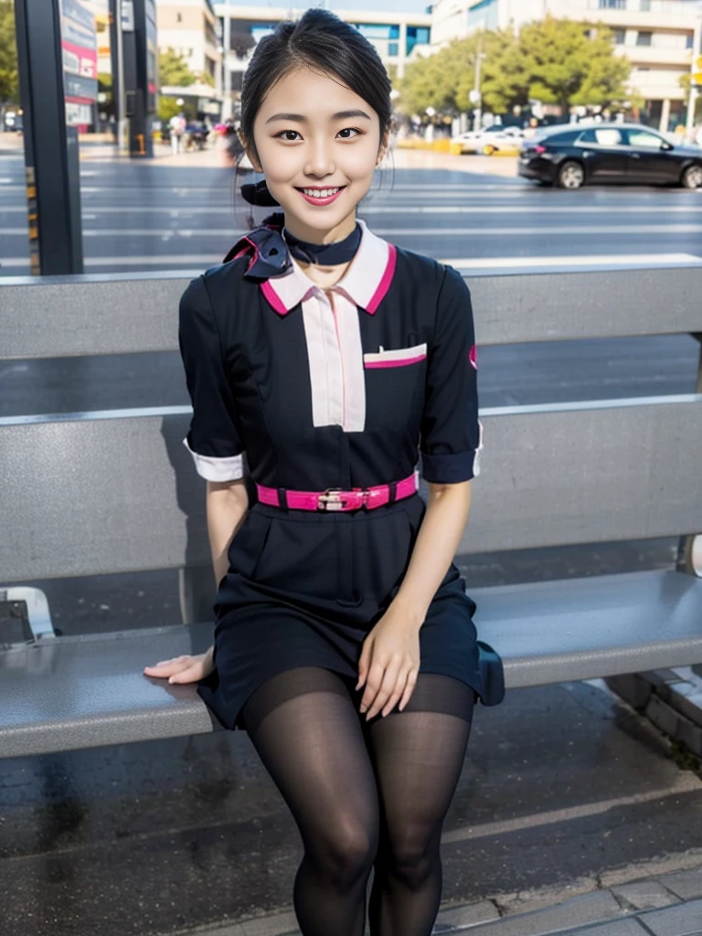 masterpiece, best quality, 1 girl, solo, , (flat chest:1.3),skinny, Perfect Face, beautiful, extremely long hair, jal uniform, church, black pantyhose, pink lace panty, panties under pantyhose, japanese, (skirt lift:1.1), (show off panties:1.1), embarrassed, sit on a bench, full body,spread legs