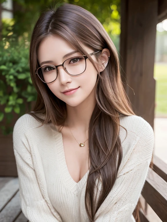 masterpiece, highest quality, High resolution,alone,Brown Hair,artistic,Best lighting,casual,Flat Chest,Beautiful Face,expensive,smile,light makeup,Age 25,Calm woman,Detailed Hair,Laughing woman,amount,Wavy Hair,A woman wearing a setup,whole body,outside,morning,Woman wearing glasses