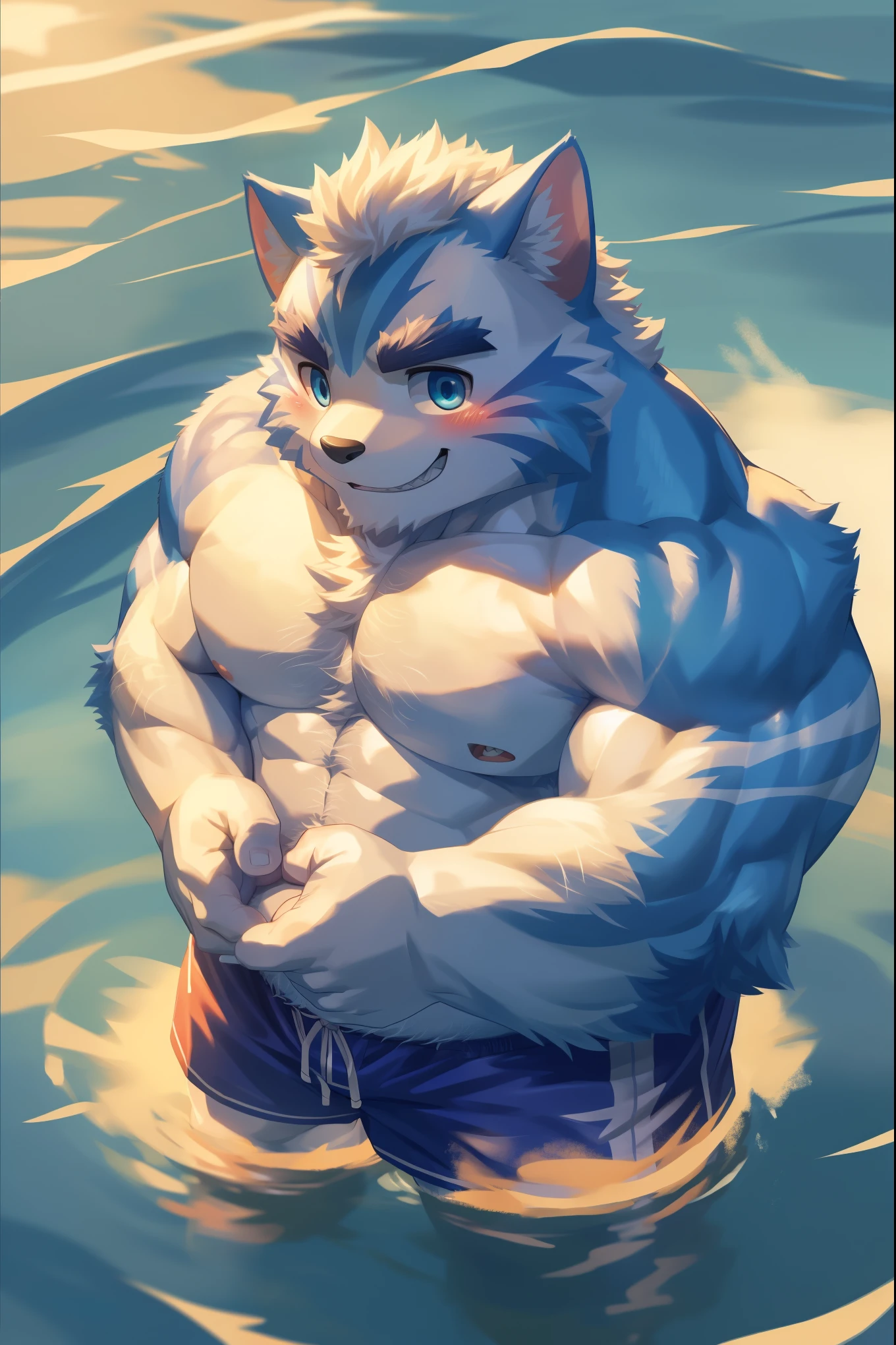 Hominidae, Pose for Camera. 4K, high resolution, Best quality, posted on e621, (Anthropomorphic blue wolf:1.2), male people, 20yr old, Thick eyebrows, Light blue fur, Ultra-short hair, shaggy, Strong body, large pecs, ((Shirtless)), He is practicing boxing, Pink milk clusters, Golden pupils, sweat leggs, White skinny shorts, medium bulge, In the gym, 独奏, (sport, Muscular, Heavyweight:1.2), Correct anatomy, (by Chunie, author:Taran Fidler:0.8), (Detailed eyes:1.2), Sexy, (cel-shaded:1.2), cartoon shading, Serious expressions, Be red in the face, (view the viewer:1.2)