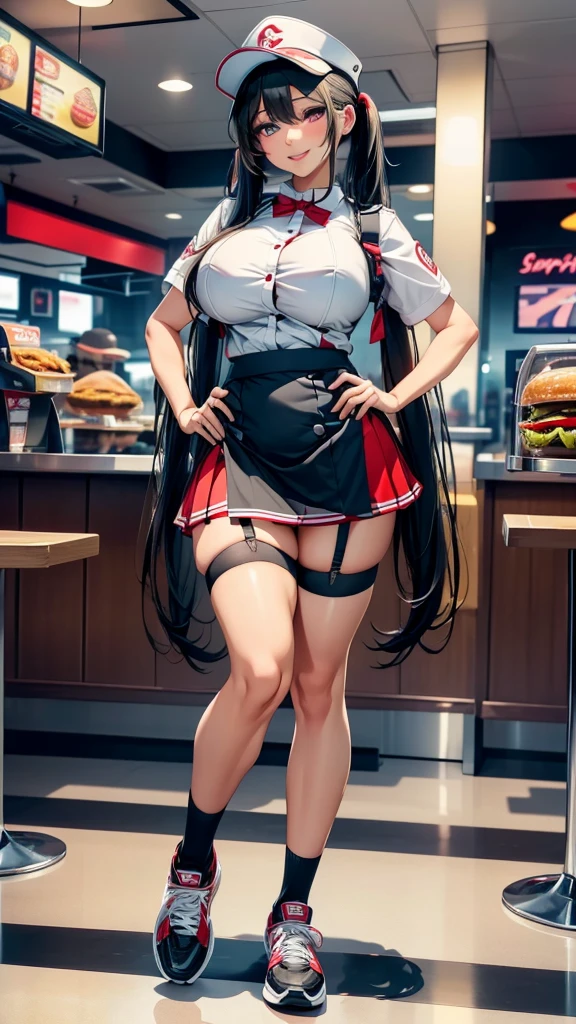 Highest quality, Super quality, 16K, Incredibly absurd, Very detailed, delicate and dynamic, SFW, Natural light, Small particles reflect light, Diffuse reflection of light, Vortex of Light, In-store pop, , Fast food restaurants, McDonald, hamburger, Sparkling, Create amazing image effects, cash register, Full body close-up, (cute sexy girl, firm busts, sexy long legs, hamburgerショップの店員, Sensual expression, fine, Active, smile, cash registerで接客, paper bag, , , black long hair, hamburgerショップのUniform, Store clerk uniform, hamburgerショップ店員の帽子をかぶる, Tifa Lockhart Final Fantasy VII )