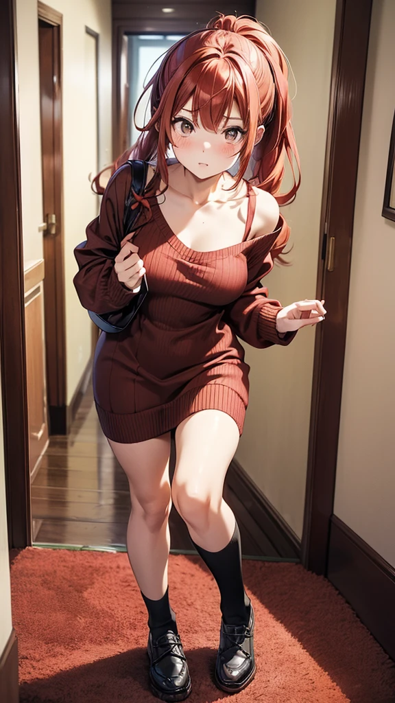 ore no imouto ga konna ni kawaii wake ga nai, 25-yers-old girl with crimson red hair- pulled up into twin ponytails, wearing a brown sweater dress, virgin killer, hallway background, full body portrait, hands covering dress, back turned 