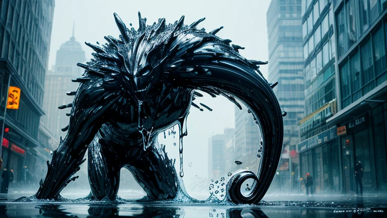 ((Liquid Metal)), (((Fluid))), ((fluid)), Gloss, Melting, (wonder), (metallic), ((Mysterious Lifeform)), Creepy, In harmony with the city, Dynamic pose