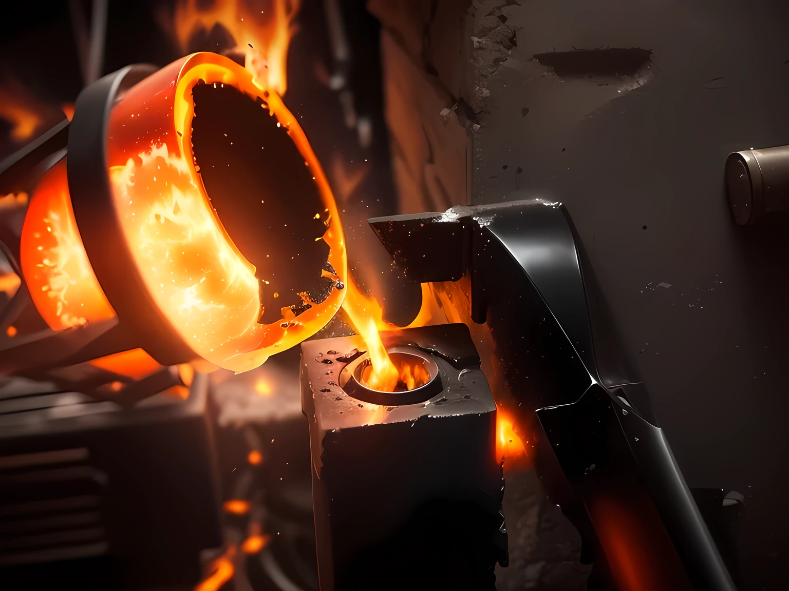 Close-up of a metal object with flames coming out of it, melted glass, Melting Glass, melted, working in the forge, Melting Wax, Throwing fireballs, melted plastic, pour, melted metal house, pour techniques, forge, easy, Coats stubborn cores.', Foundry VTT, Made of sparkling wax and ceramic, Satisfying
