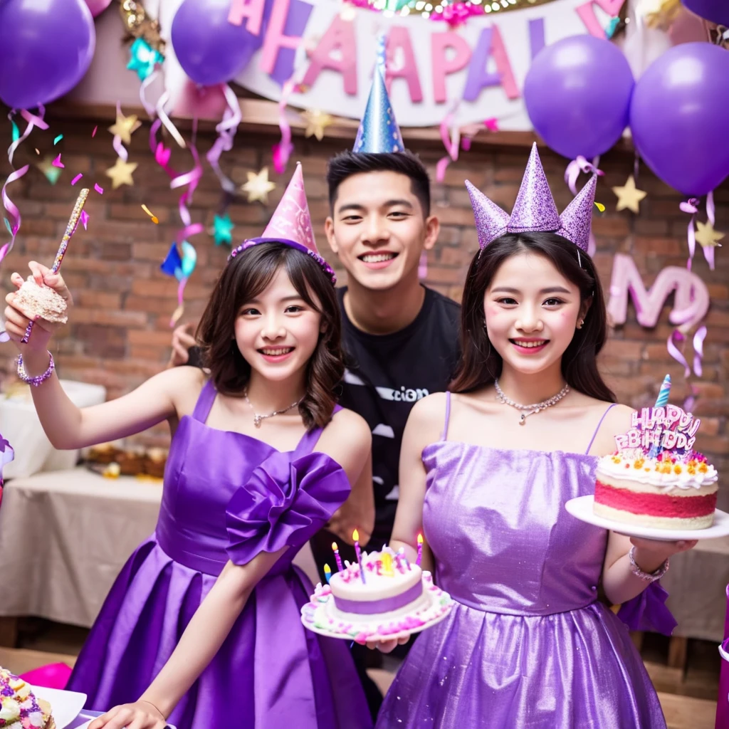 Birthday party in a woman and boy ,a wearing dress purple, smile,cake birthday font RIANI