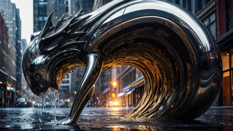 ((Liquid Metal)), (((Fluid))), ((fluid)), Gloss, Melting, (wonder), (metallic), ((Mysterious Lifeform)), Creepy, In harmony with the city, Dynamic pose