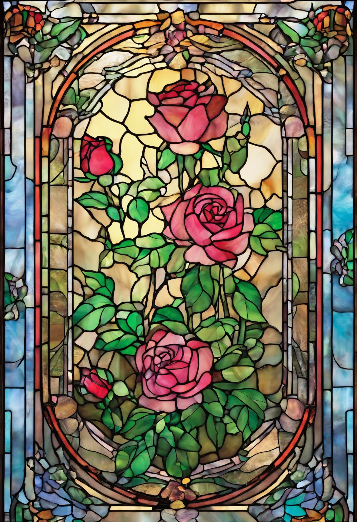 Climbing roses framing the entire frame along the edge of the composition, multi-colored glass vnuiri compositions