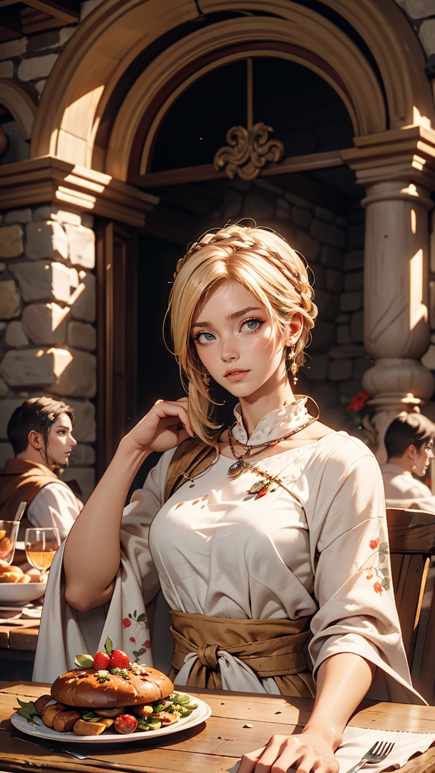 Model shooting style, (Highly detailed CG 8k wallpaper), In the center of the room、There is a long, wide wooden table with food leftovers on it., Old and spacious room, Stone wall and a little high, No ceiling, In the back of the room、There are remains of a Roman stone arch overlooking the gardens.、White woman in Roman costume