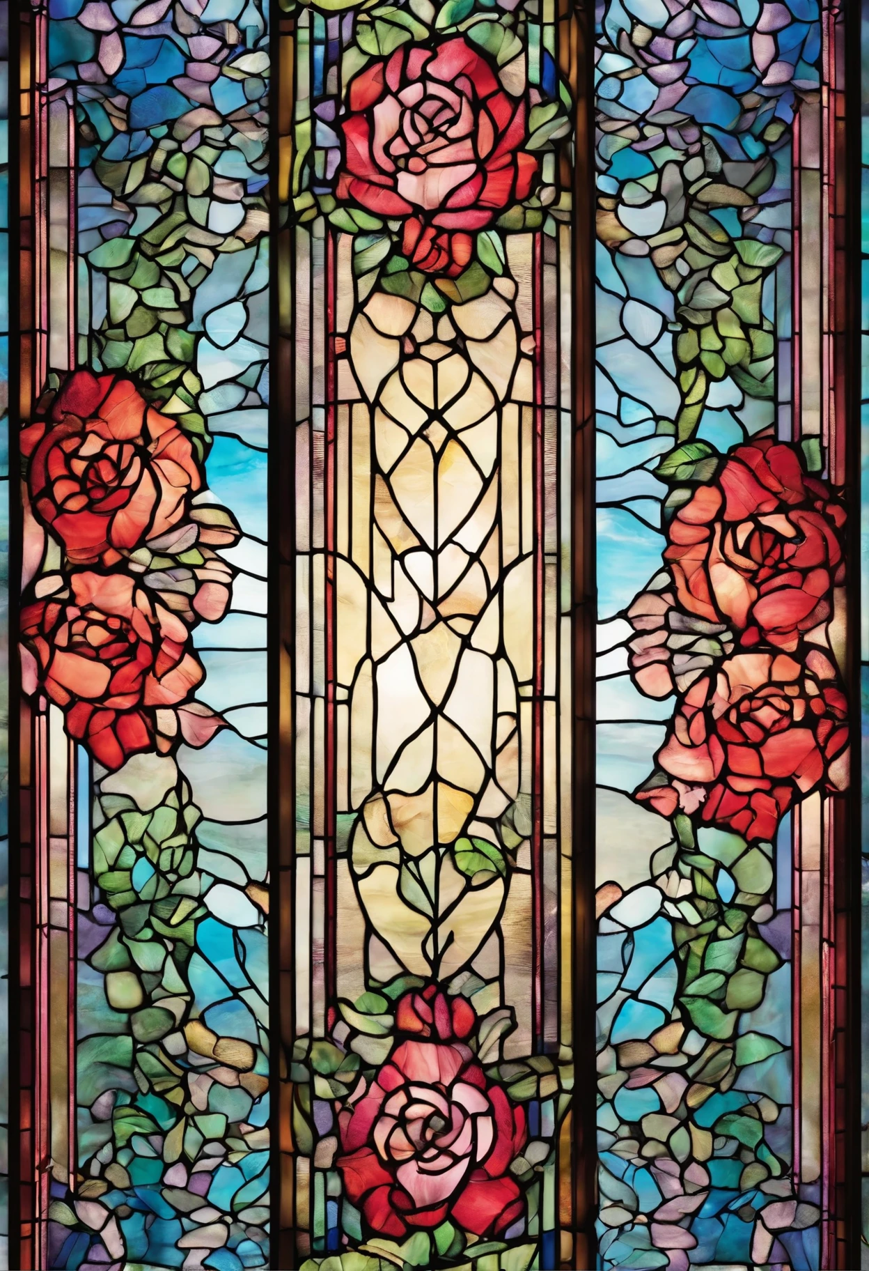 Climbing roses framing the entire frame along the edge of the composition, multi-colored glass vnuiri compositions