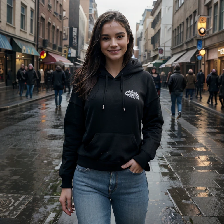 (Solo:1.3)), Best Quality, Realistic, Photorealistic, Best Quality, Masterpiece, Very Delicate and Beautiful, Very Detailed, Fine Detail, Ultra Detail, High Definition, Very Detailed, Realistic, Ultra High Definition, Best Quality, Ultra High Definition, (Real:1.4),
woman, 23 years old,
hair wet from the rain, smiling face, dressed in jeans, black hoodie. Background, street crowded with person. Photo realistic, masterpice