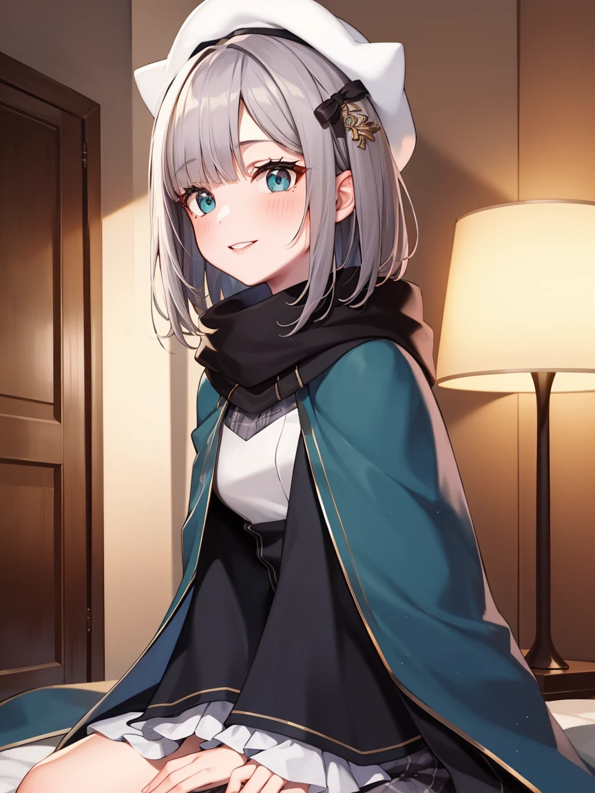 Portrait, official art, best masterpiece, best quality, best resolution, 8K, best detailed, perfect anatomy, very wide shot, looking at viewer
BREAK
(sfw), kaga sumire, virtual youtuber, smile, closed mouth, looking at viewer, short hair, hair ornament, white headwear, shirt, capelet, scarf
, (small breasts:1.2), (short stature:1.2), 1girl, solo
BREAK
(sfw:1.2), Front view, (bust up shot:1.2), (hand between legs:1.3), (lean backward:1.3), Sitting
BREAK
(blush:1.2), shy smile, raised eyebrows, kiss, peck lips, round lips, incoming kiss
BREAK
official art, best masterpiece, best quality, best resolution, 8K, best detailed, highly detailed hands, highly detailed fingers, very detailed mouth, perfect anatomy
BREAK
over the bed, midnightaaaa, very fine and detailed 16KCG wallpapers