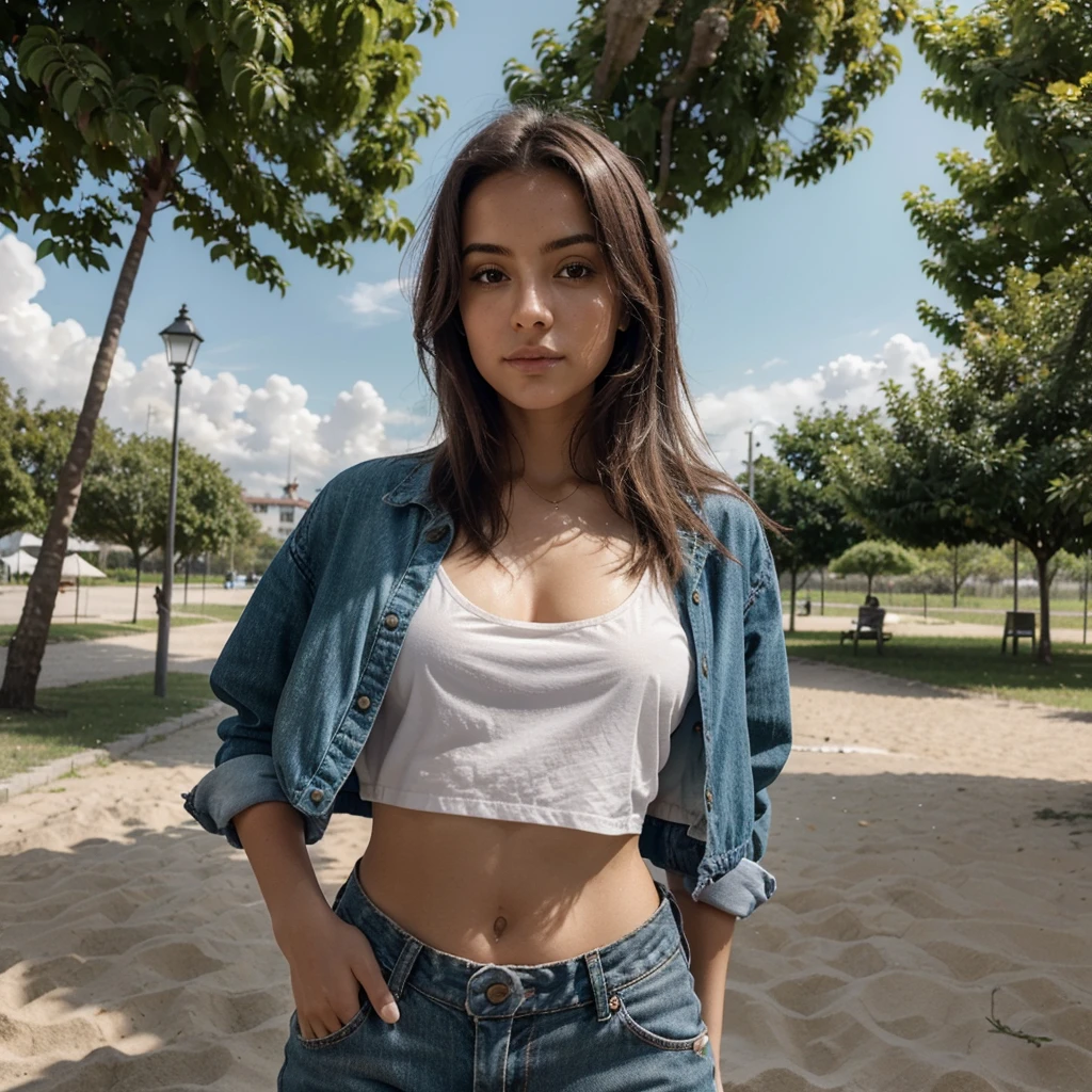 Un portrait photoréaliste d'une Colombienne de 23 ans avec de longs cheveux chatain flottants et des yeux verts saisissants. Elle doit avoir une expression naturelle et accessible et être éclairée par la douce lumière du soleil dorée. The background should be a picturesque outdoor setting, maybe a park or a sunny beach. Capturez cette image avec une photographie haute résolution à l'aide d'un objectif 85 mm pour une perspective flatteuse. elle porte une tenue sexy