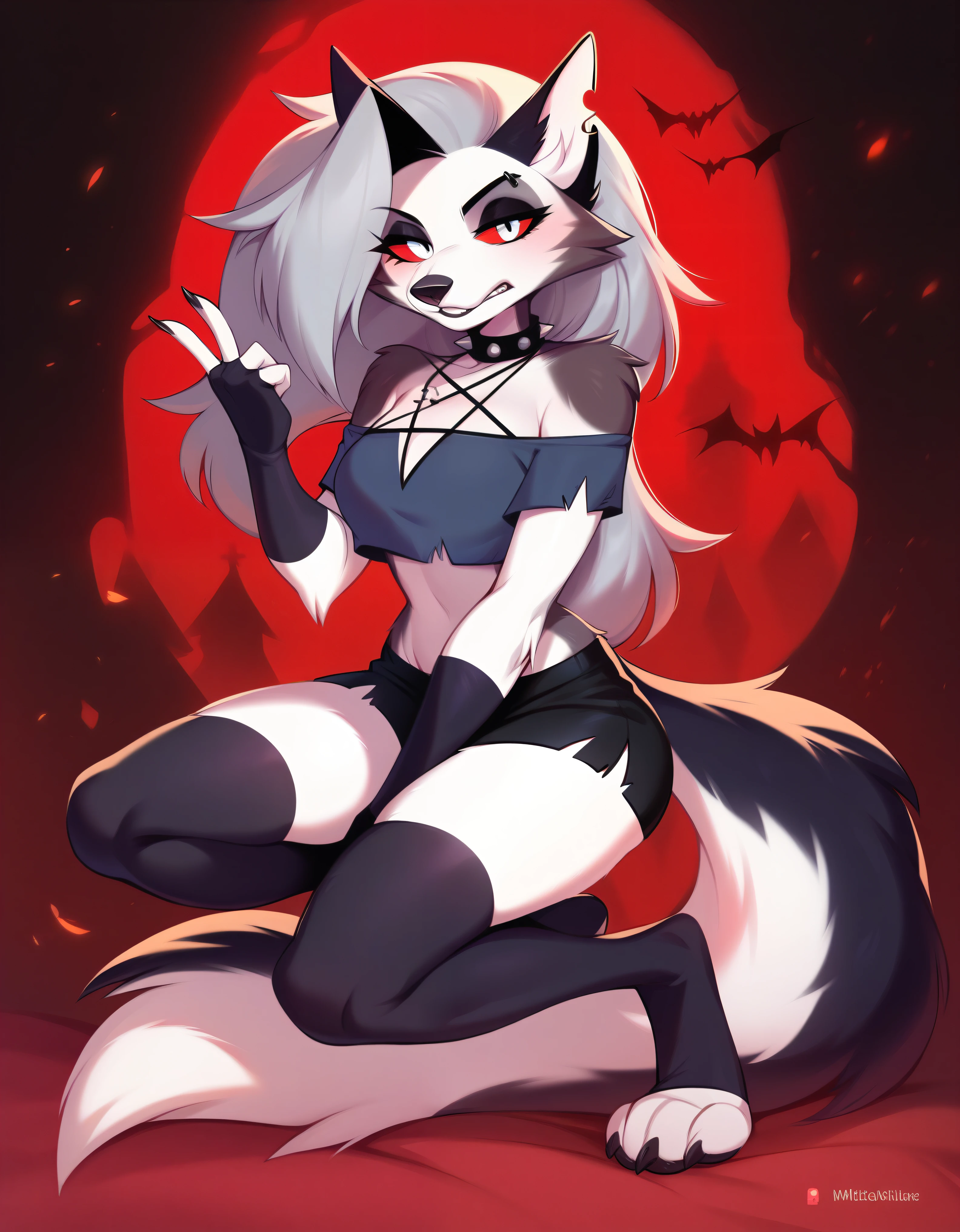 score_9, score_8_up, score_7_up, score_6_up, safe content, by vivzmind, mammal, canid, canid demon, demon, anthro, female, solo, eyewear, jewelry, necklace, helluva boss, gesture, hellhound, loona, choker, goth, official art, inverted cross, instagram,full body, full shot
