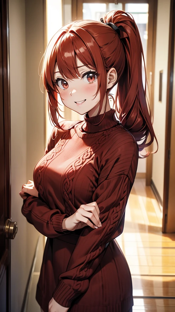 ore no imouto ga konna ni kawaii wake ga nai, 25-yers-old girl with crimson red hair- pulled up into twin ponytails, wearing a brown sweater dress, virgin killer, hallway background, upper body, smiling