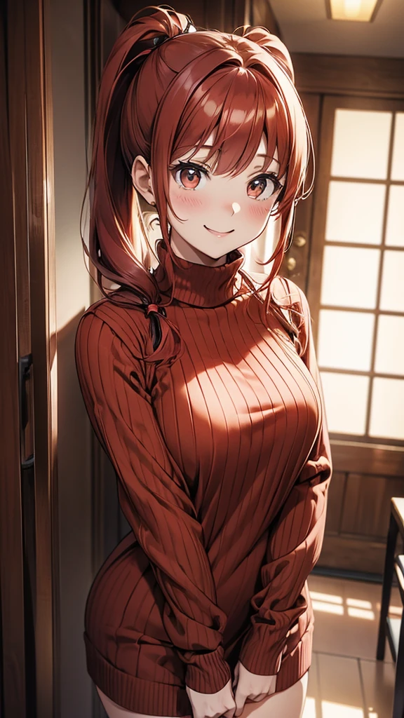 ore no imouto ga konna ni kawaii wake ga nai, 25-yers-old girl with crimson red hair- pulled up into twin ponytails, wearing a brown sweater dress, virgin killer, hallway background, upper body, smiling