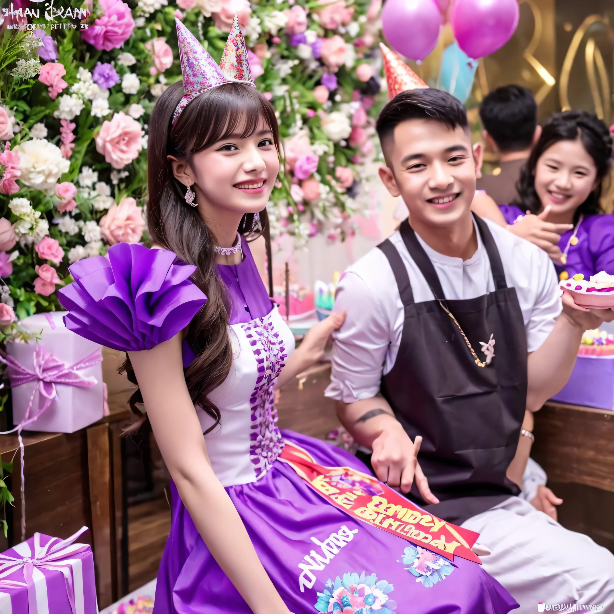 Birthday party in a woman and boy ,a wearing dress purple, smile,cake birthday font RIANI