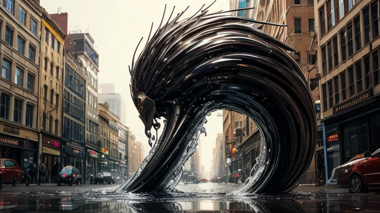 ((Liquid Metal)), (((Fluid))), ((fluid)), Gloss, Melting, (wonder), (metallic), ((Mysterious Lifeform)), Creepy, In harmony with the city, Dynamic pose