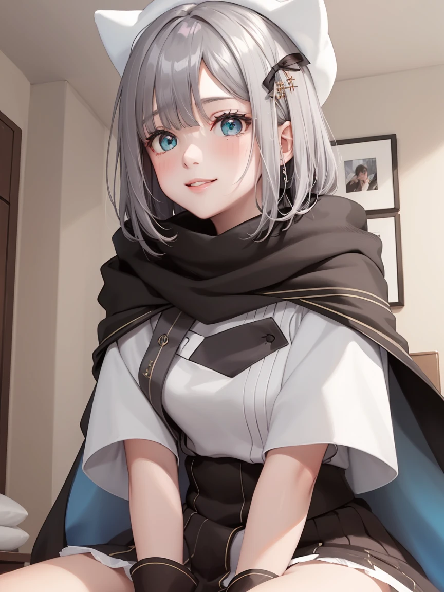 Portrait, official art, best masterpiece, best quality, best resolution, 8K, best detailed, perfect anatomy, very wide shot, looking at viewer
BREAK
(sfw), kaga sumire, virtual youtuber, smile, closed mouth, looking at viewer, short hair, hair ornament, white headwear, shirt, capelet, scarf
, (small breasts:1.2), (short stature:1.2), 1girl, solo
BREAK
(sfw:1.2), Front view, (bust up shot:1.2), (hand between legs:1.3), (lean backward:1.3), Sitting
BREAK
(blush:1.2), shy smile, raised eyebrows, kiss, peck lips, round lips, incoming kiss
BREAK
official art, best masterpiece, best quality, best resolution, 8K, best detailed, highly detailed hands, highly detailed fingers, very detailed mouth, perfect anatomy
BREAK
over the bed, midnightaaaa, very fine and detailed 16KCG wallpapers