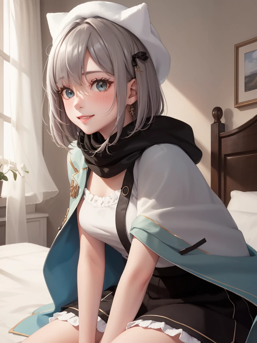 Portrait, official art, best masterpiece, best quality, best resolution, 8K, best detailed, perfect anatomy, very wide shot, looking at viewer
BREAK
(sfw), kaga sumire, virtual youtuber, smile, closed mouth, looking at viewer, short hair, hair ornament, white headwear, shirt, capelet, scarf
, (small breasts:1.2), (short stature:1.2), 1girl, solo
BREAK
(sfw:1.2), Front view, (bust up shot:1.2), (hand between legs:1.3), (lean backward:1.3), Sitting
BREAK
(blush:1.2), shy smile, raised eyebrows, kiss, peck lips, round lips, incoming kiss
BREAK
official art, best masterpiece, best quality, best resolution, 8K, best detailed, highly detailed hands, highly detailed fingers, very detailed mouth, perfect anatomy
BREAK
over the bed, midnightaaaa, very fine and detailed 16KCG wallpapers