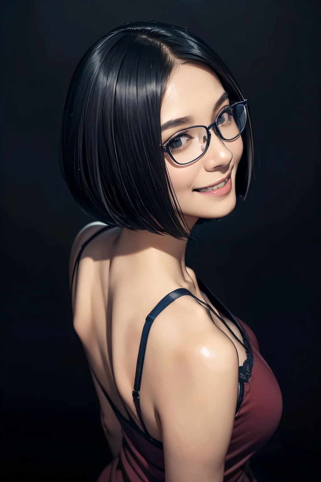 (masterpiece), (8k, best quality, high resolution), (ultra-detailed, realistic), (anatomically correct),
((from above)), ((looking up)),
((face close-up)), (Standing), (((looking back))), (No background),
(1woman), ((looking at viewer)), (show your back),
(A Japanese woman, 30 years old and 155cm tall.),
((Wear a navy blue tunic camisole)), ((A camisole without decoration.)),
(black hair), (straight hair), (short hair style), ((bob cut)),
(wear glasses), (black square cell glasses),
((smile broadly)),
(Her impression is pure, clean and kind.),
