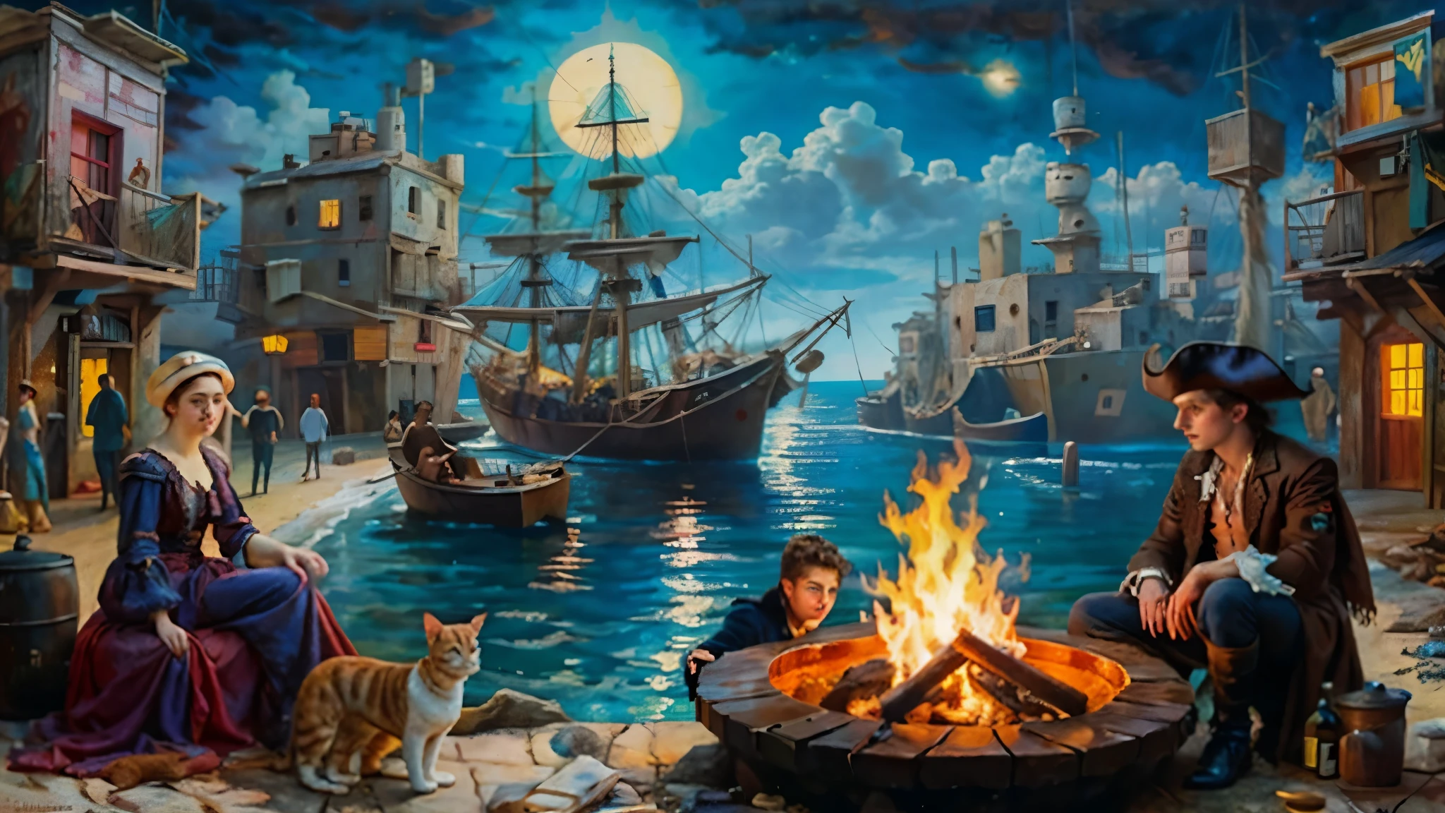 oil painting showing a Cyberpunk alley on a pirate island, (is Timothée Chalamet with Dakota Fanning) en una tertulia, viendo a un gato bailar junto a una fogata, hay muchas bebidas, estilo William Adolphe Bouguereau