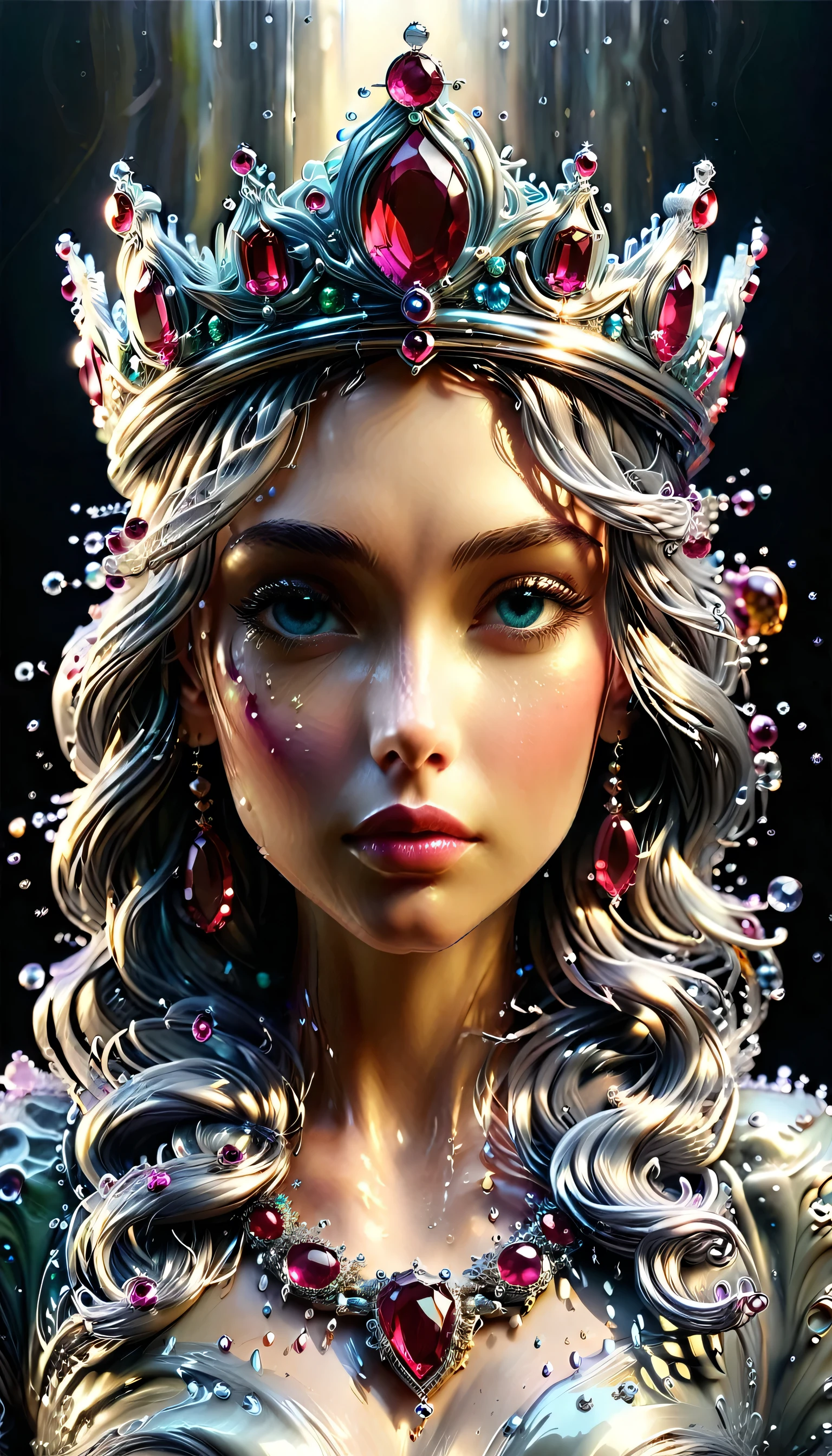 (liquid metal art: 1.5) LIQUID METAL a picture of jeweled crown ( (masterpiece, best detailed, best quality: 1.4), the crown is made from (gold: 1.2), (silver: 1.3), there are golden liquid swirls, ( (masterpiece, best detailed, best quality: 1.2), there are silver liquid swirls ( (masterpiece, best detailed, best quality: 1.2),  it is encrusted and decorated with (rubies: 1.3), emeralds: 1.3) and (opals: 1.3), dynamic background, close range picture,  ultra wide shot, photorealism, depth of field, hyper realistic, ral-ntrgmstn, watce, metallic