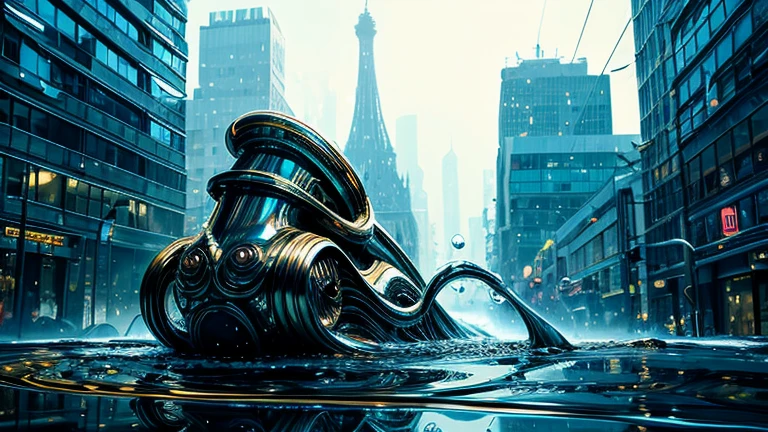 ((Liquid Metal)), (((Fluid))), ((fluid)), Gloss, Melting,  (wonder), (metallic), ((Mysterious Lifeform)), Creepy, In harmony with the city, Dynamic pose