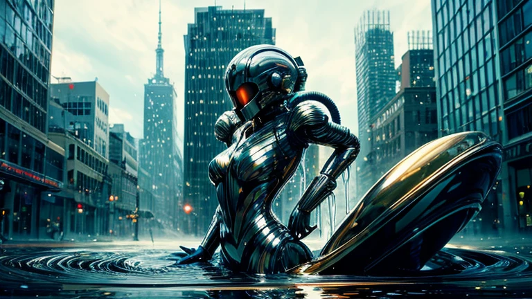((Liquid Metal)), (((Fluid))), ((fluid)), Gloss, Melting, (wonder), (metallic), ((Mysterious Lifeform)), Creepy, In harmony with the city, Dynamic pose